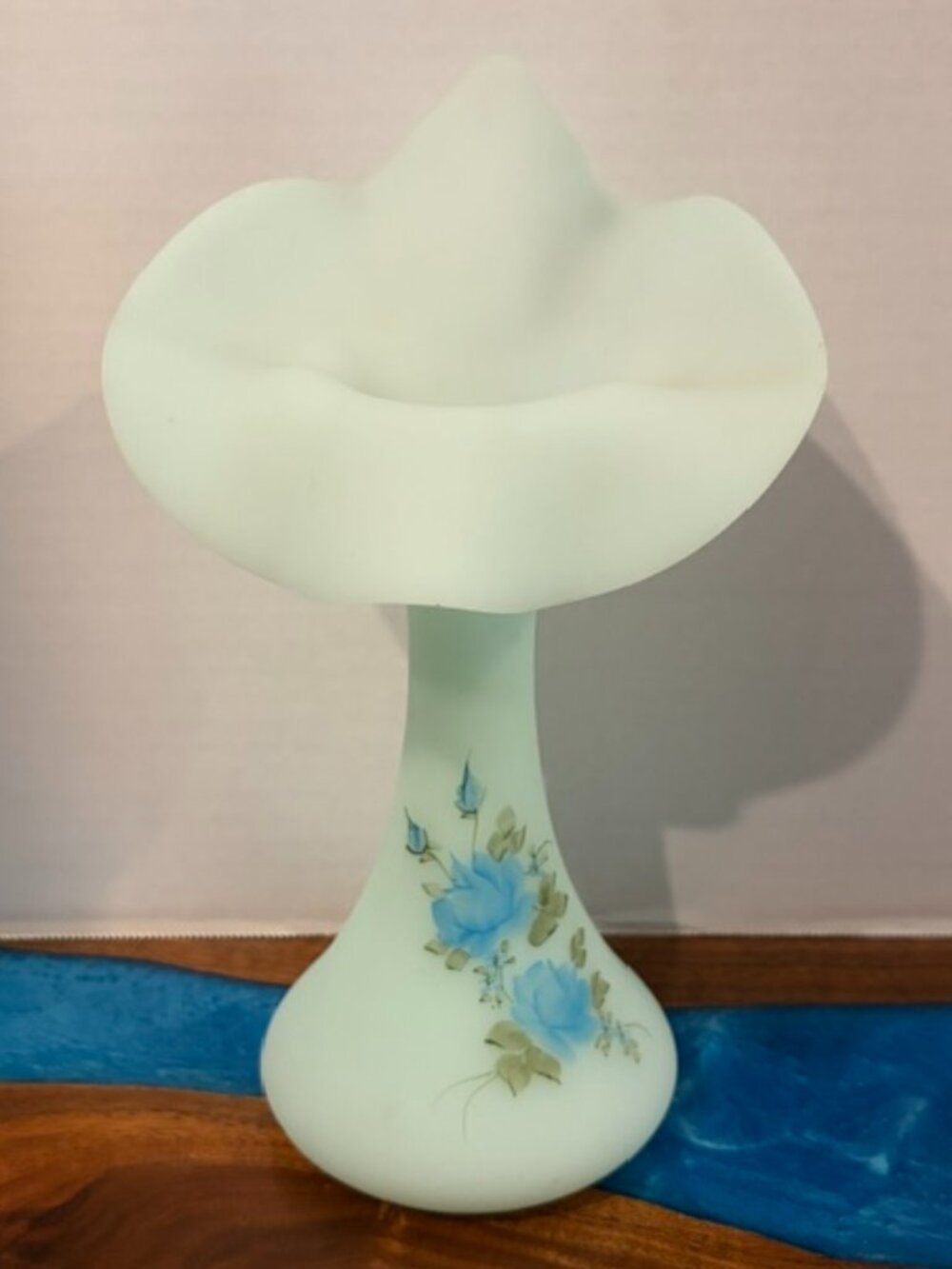 Fenton Blue Satin Glass Handpainted Rose Flower Jack in the Pulpit Vase Signed